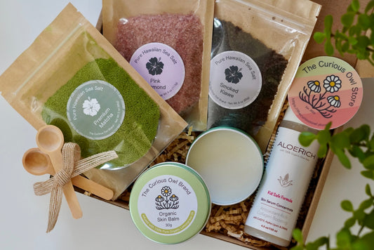 Glowing Wellness: Natural Beauty and Health Gift Set | Hawaiian Sea Salt 3 flavors, Organic Aloe Skin Serum, and Organic Skin Balm